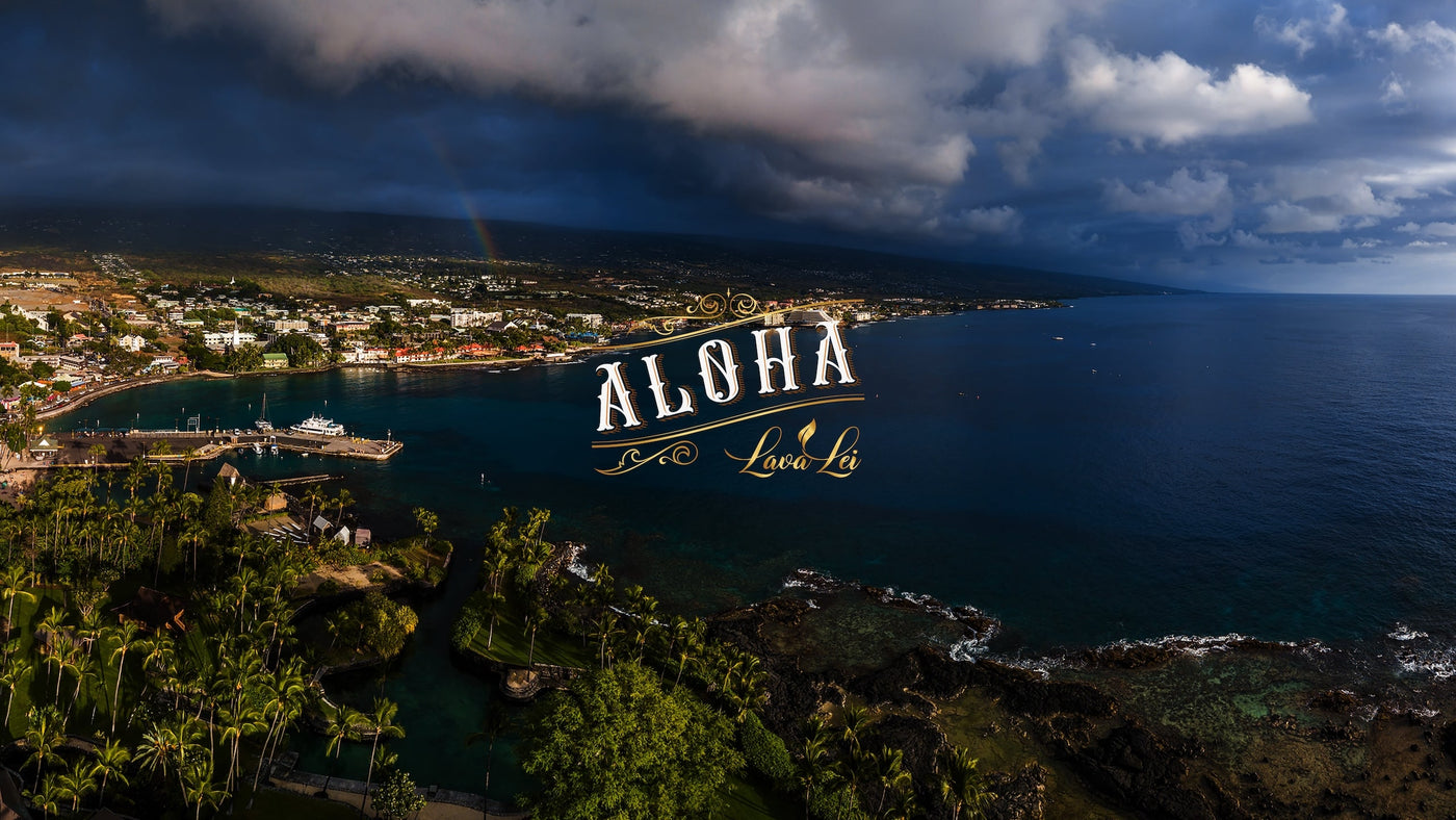 Aerial view of the bay with the text 'Aloha' and the Lava Lei logo.