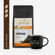 A cup featuring the logo, with Kona blend coffee packaging and dark roast rating