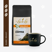 A cup featuring the logo, with Kona blend coffee packaging and dark roast rating