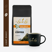 A cup featuring the logo, with Kona blend coffee packaging and light roast rating