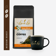 A cup featuring the logo, with Kona blend coffee packaging and medium roast rating
