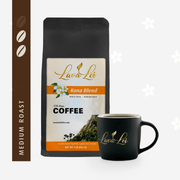 A cup featuring the logo, with Kona blend coffee packaging and medium roast rating