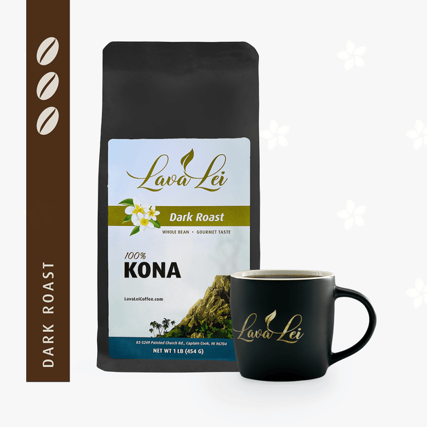 A cup featuring the Lava Lei logo alongside the packaging of Lava Lei Dark Roast Coffee, accompanied by its dark roast rating