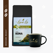 A cup featuring the Lava Lei logo alongside packaging for Medium Roast 100% Kona coffee, displaying its medium roast rating