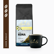 A cup featuring the Lava Lei logo alongside packaging for Dark Roast 100% Kona coffee, displaying its dark roast rating
