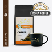 Cup with Lava Lei logo. Kona Blend packaging with a light roast rating. Emblem of Voted 2021 Best Light Roast Kona Coffee