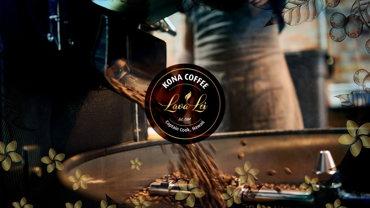 Coffee beans in the roasting process, with the Lava Lei logo in the middle