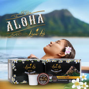 A girl with a flower in her hair swimming, with Lava Lei coffee boxes and single service pods in front.