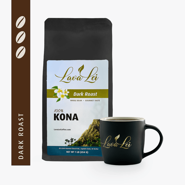 100% Kona Dark Roast BaA cup featuring the Lava Lei logo alongside packaging of 100% Kona Dark Roast Coffee, with its corresponding dark roast ratingg 