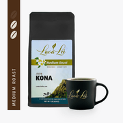 A cup displaying the Lava Lei logo, alongside packaging for Medium Roast coffee, with its respective rating.