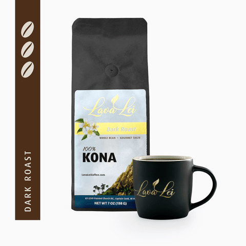 A cup featuring the Lava Lei logo alongside packaging for Dark Roast 100% Kona coffee, displaying its dark roast rating