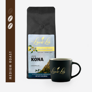 A cup featuring the Lava Lei logo alongside packaging for Medium Roast 100% Kona coffee, displaying its medium roast rating
