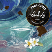 Illustration of a hot coffee with plumeria. Text badge on top reads: Kona Coffee, Lava Lei, Captain Cook, Hawaii.