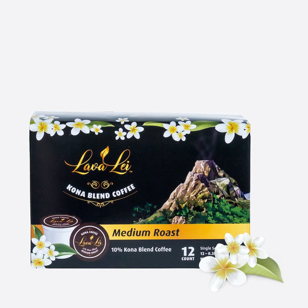 Packaging of Lava Lei Blend Coffee, Medium Roast. 12-Pack Medium Kona Blend.