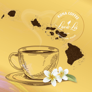 Illustration of a coffee cup with a Hawaiian island map made from coffee grounds and plumeria flowers. Text reads: 'Kona Coffee - Lava Lei - Captain Cook, Hawaii'