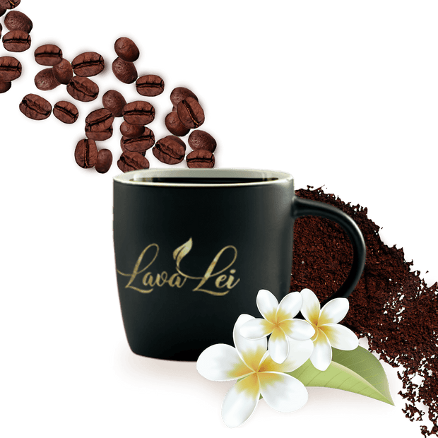 Coffee cup with the Lava Lei logo, set against a background of coffee beans and coffee powder.